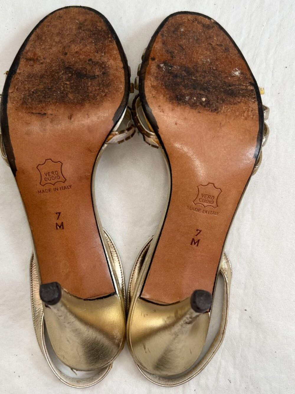 Vintage 70s Givenchy high heel sandals gold leather mirror size 7 slingback - Picture 9 of 13